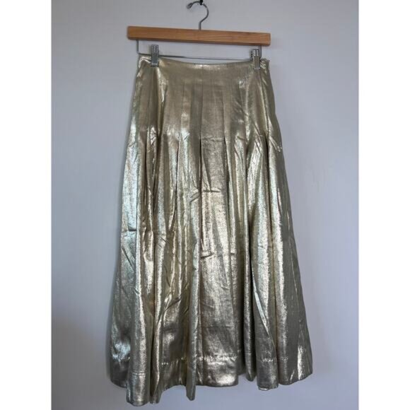 NEW Mestiza New York Seville Metallic Box Pleat Lined Midi Skirt Gold Size: 0 - Picture 2 of 8